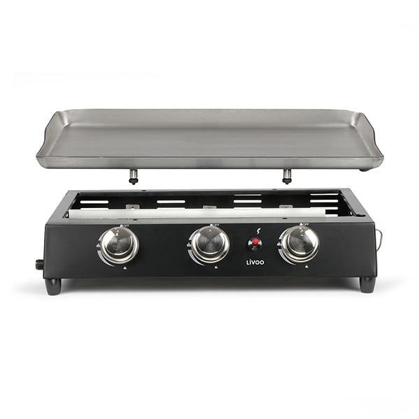 Lot plancha gaz 3 brûleurs avec chariot en métal et housse de protecti