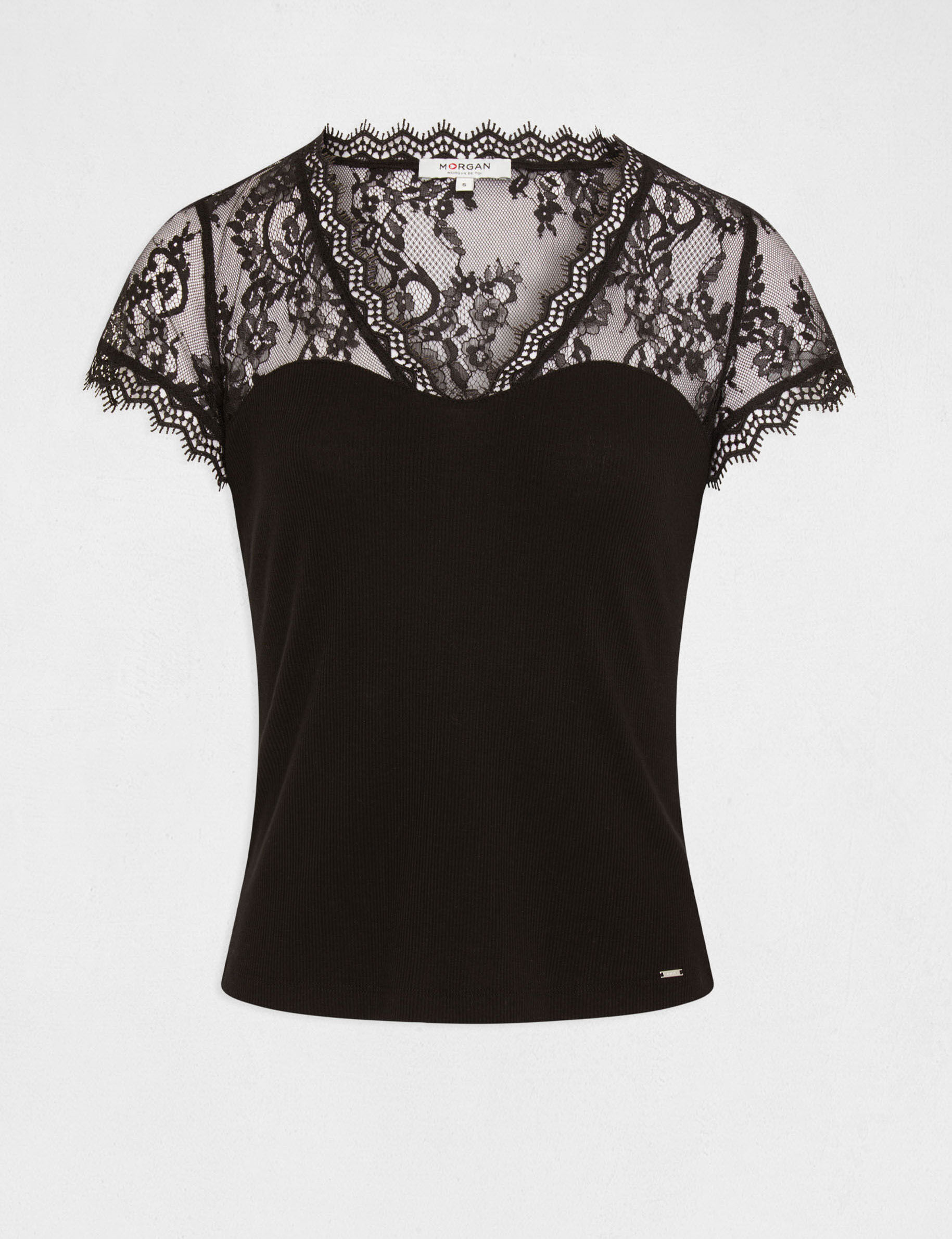T-shirt manches courtes à dentelle noir femme - noir