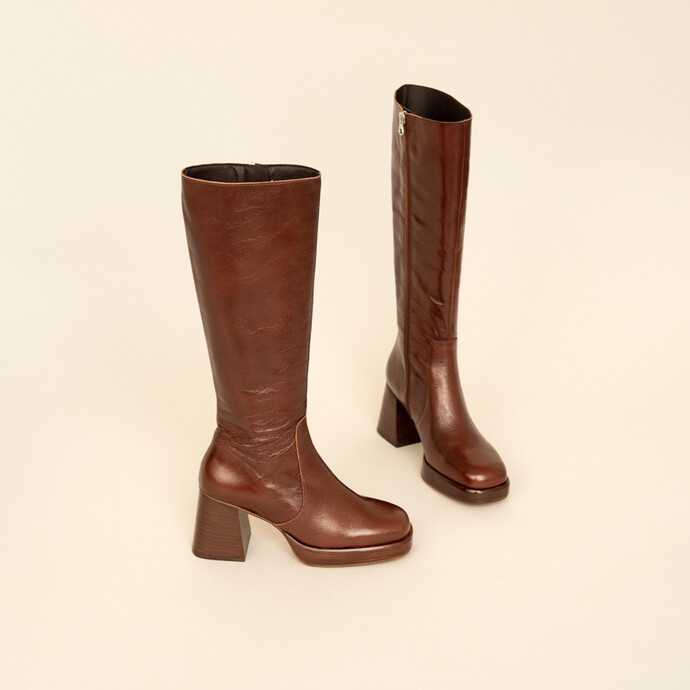Bottes à plateformes  en cuir vieilli marron