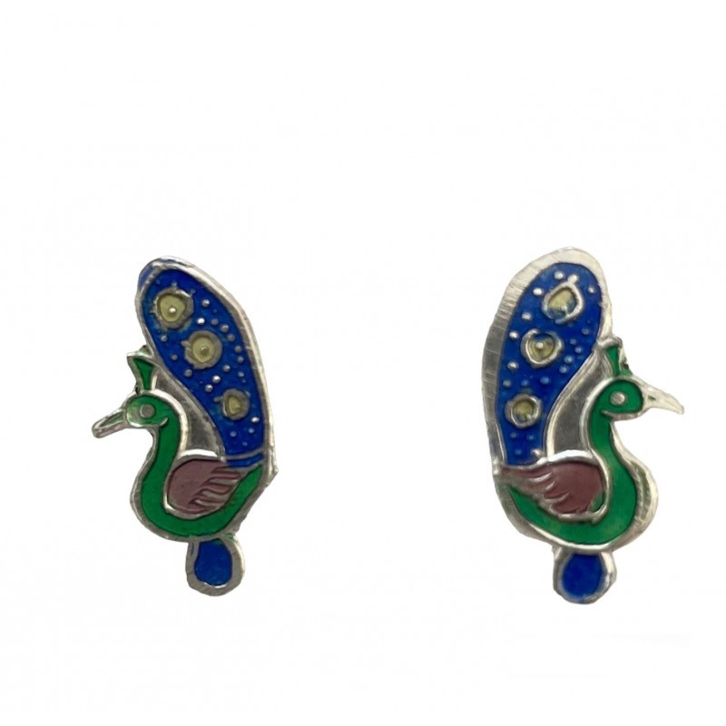 Clou d'oreille paon en argent et émail
