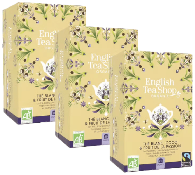 Pack Thé blanc Coco Fruit de la Passion bio - 3 x 20 sachets - ENGLISH TEA SHOP