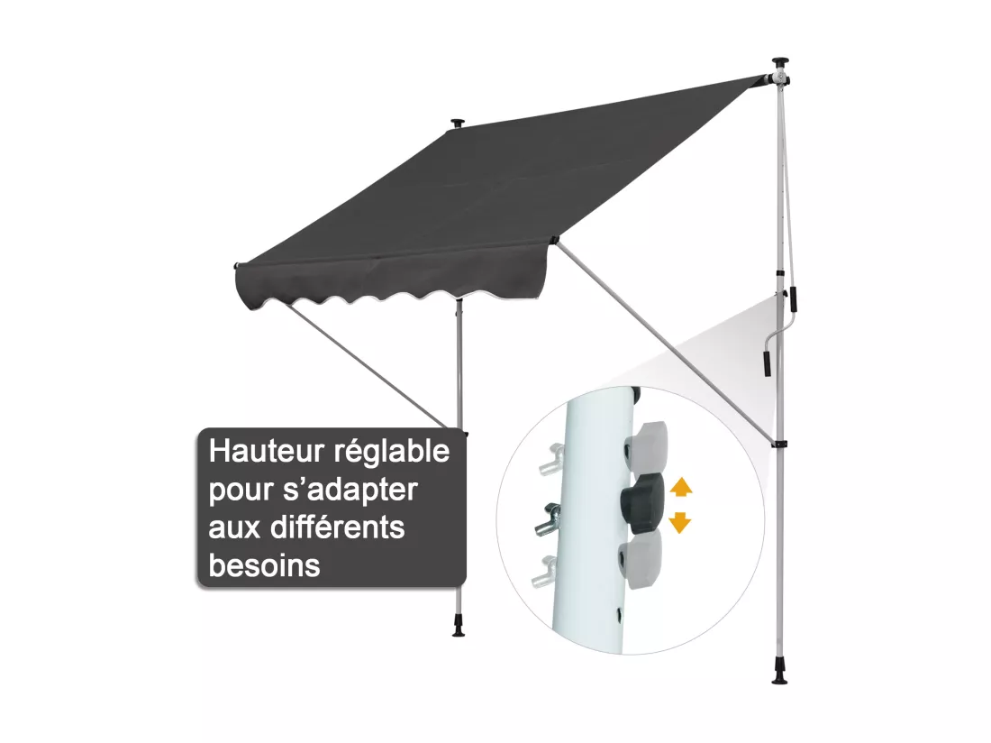 Store banne manuel rétractable 2L x 1,5l x 1,7-2,8H m inclinaison réglable installation rapide métal alu polyester gris