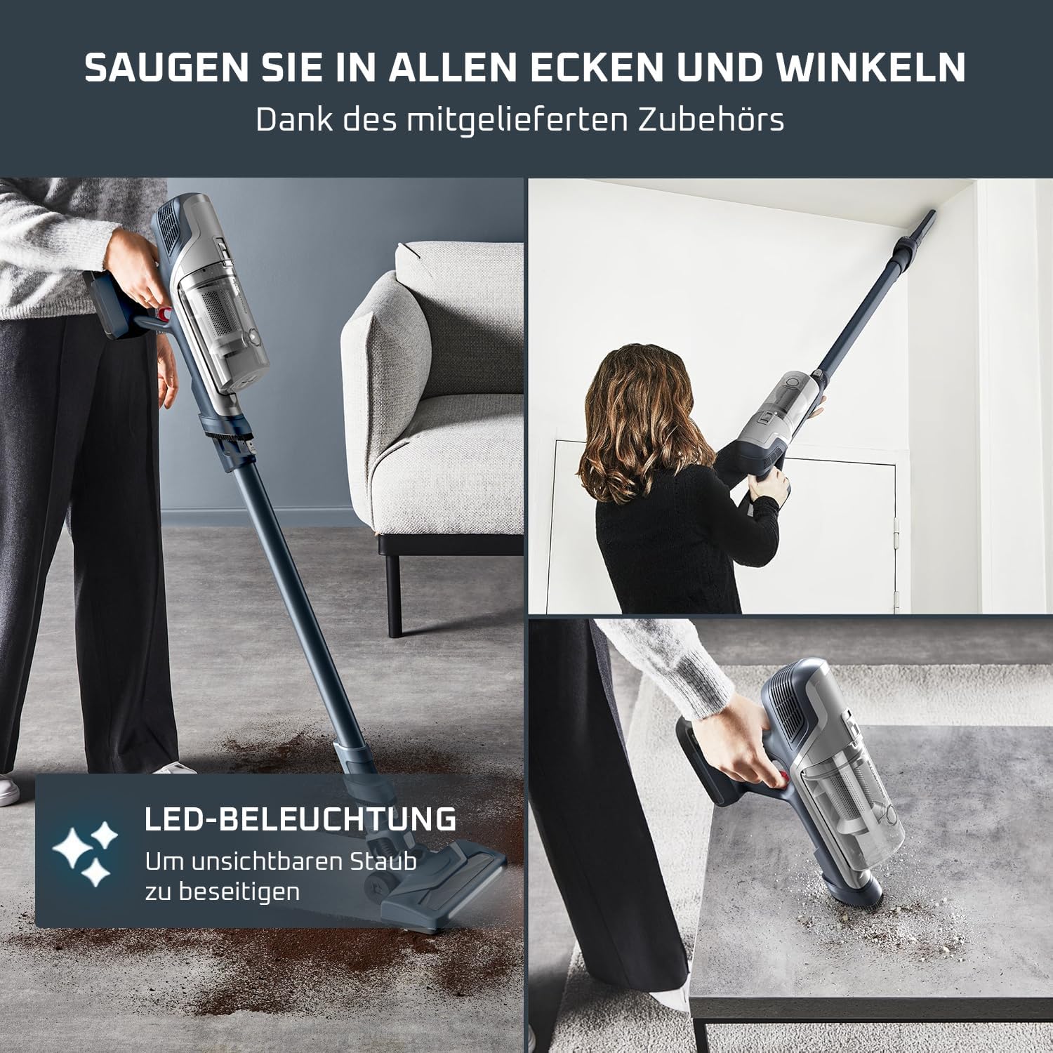 Rowenta X-Pert 6.60 Akkustaubsauger, 100 W Leistung, 45 Min Laufzeit, kabellos & beutellos, LED-Bürstenkopf, herausnehmbarer Akku, 0,55 l Behälter, inkl. Fugendüse und Wandhalterung, grau, RH6836EO