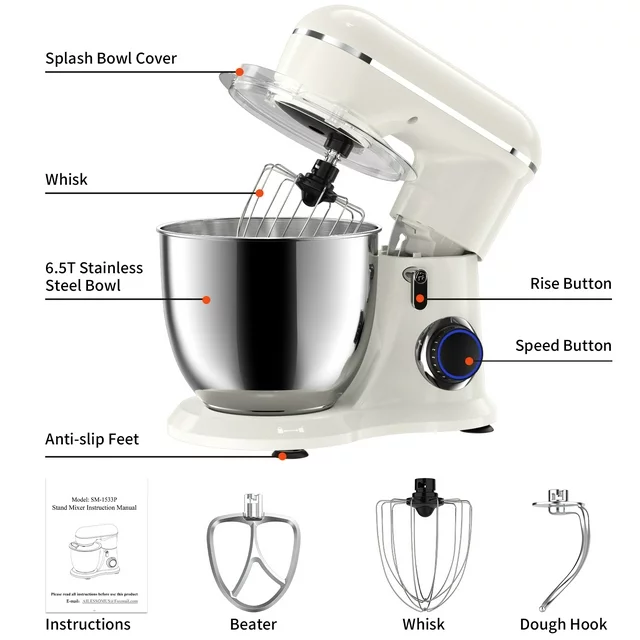 Batedeira de pedestal Samsaimo, 6,5 QT, 660 W, 10 velocidades, cabeça inclinável, batedeira elétrica de cozinha com tigela, gancho para massa, batedor e fouet para a maioria dos cozinheiros domésticos.