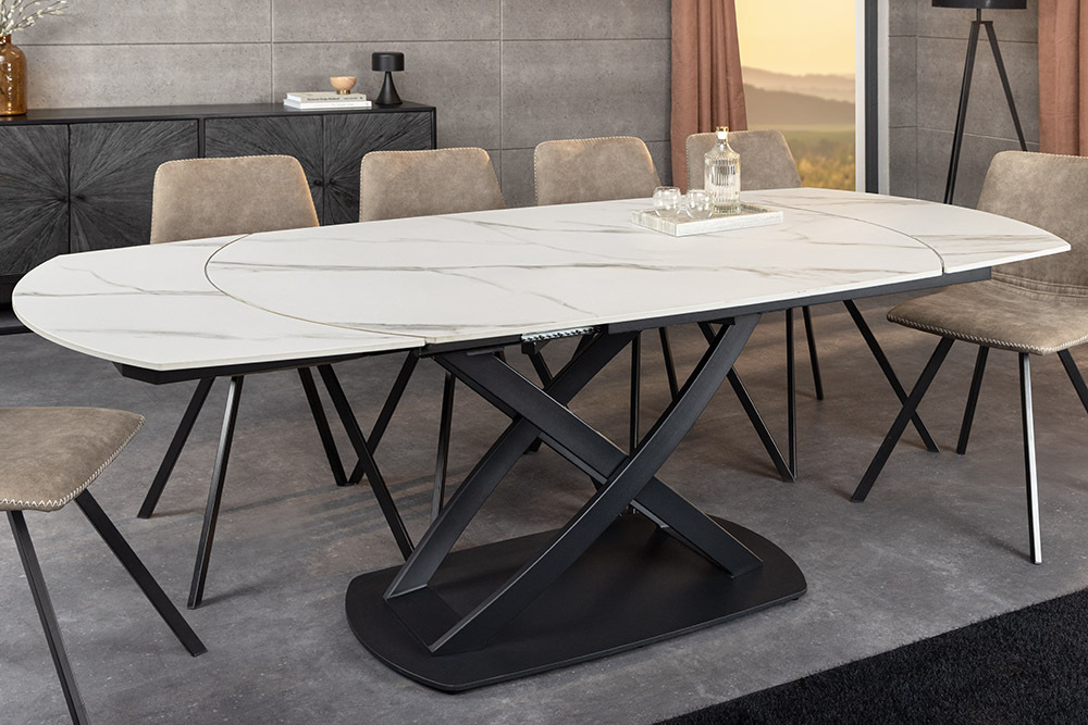 Ausziehbarer Esstisch INCEPTION 130-190cm weiß Marmor Keramik schwarzes Metallgestell