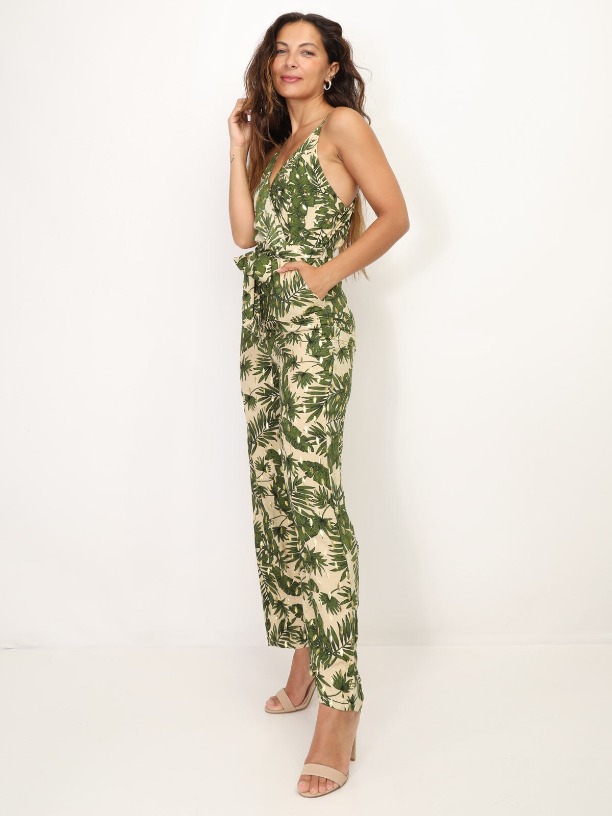 Combinaison ceinturée à motif tropical- Vert