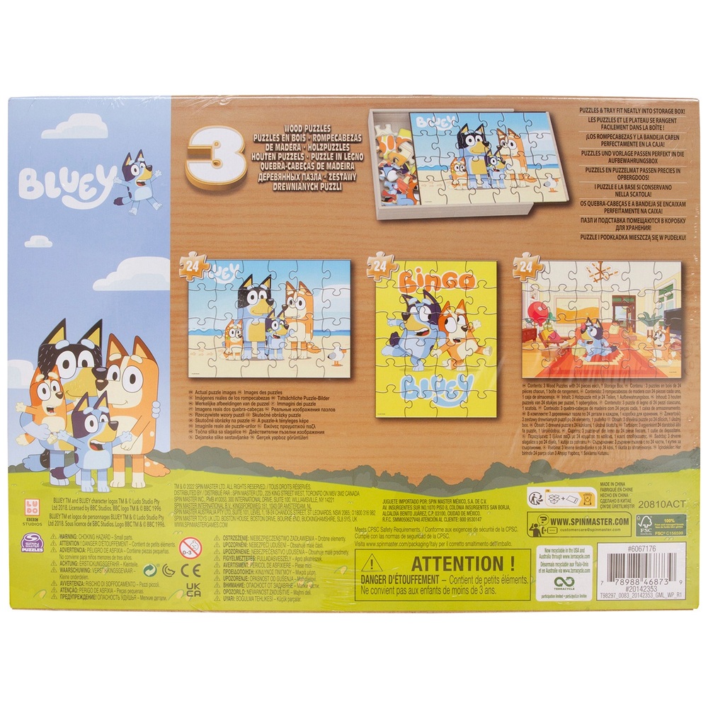 Bluey Holzpuzzle 3er-Pack und Aufbewahrungsschale