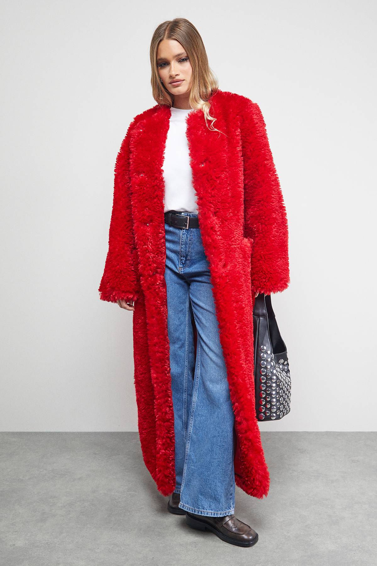 Warehouse Manteau Long Rouge en synthétique avec Ceinture