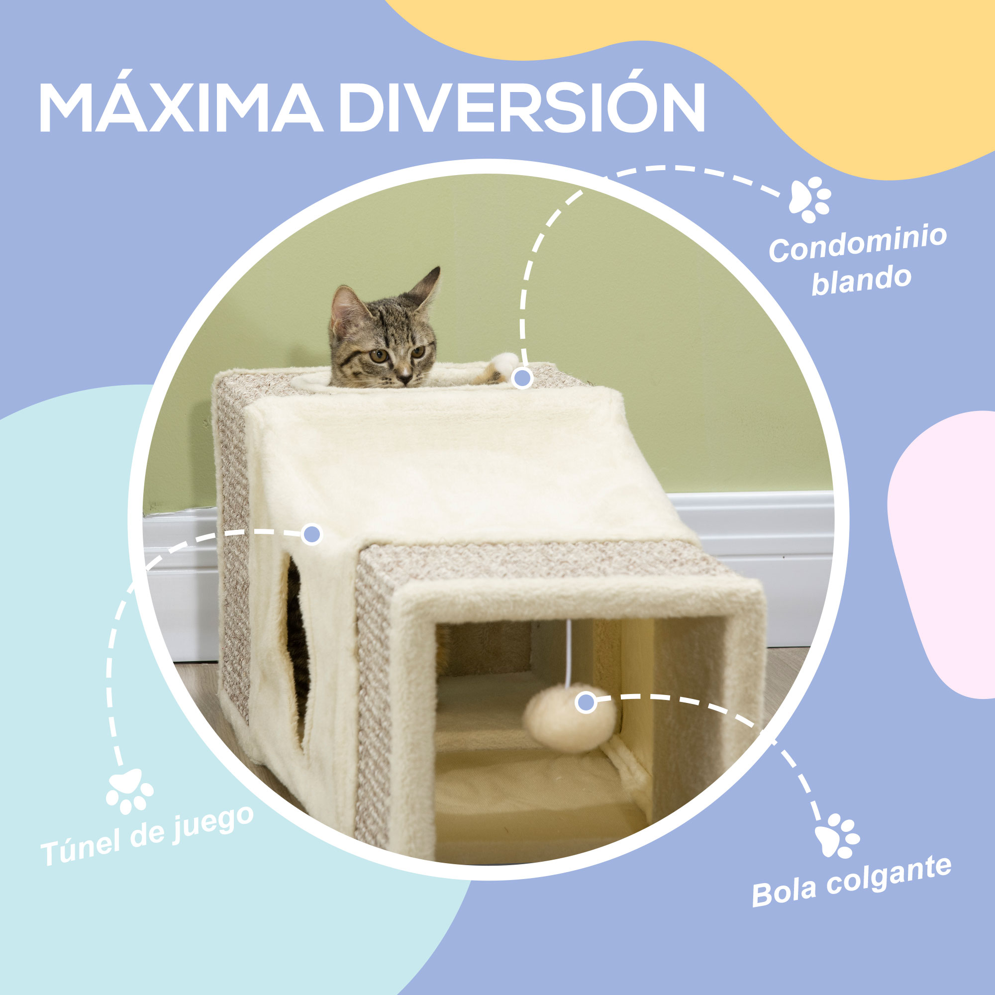 Túnel para gatos PawHut para ambientes internos, tubo dobrável com múltiplas entradas, casinhas de sisal e bola pendurada, 98x30x30 cm, creme.
