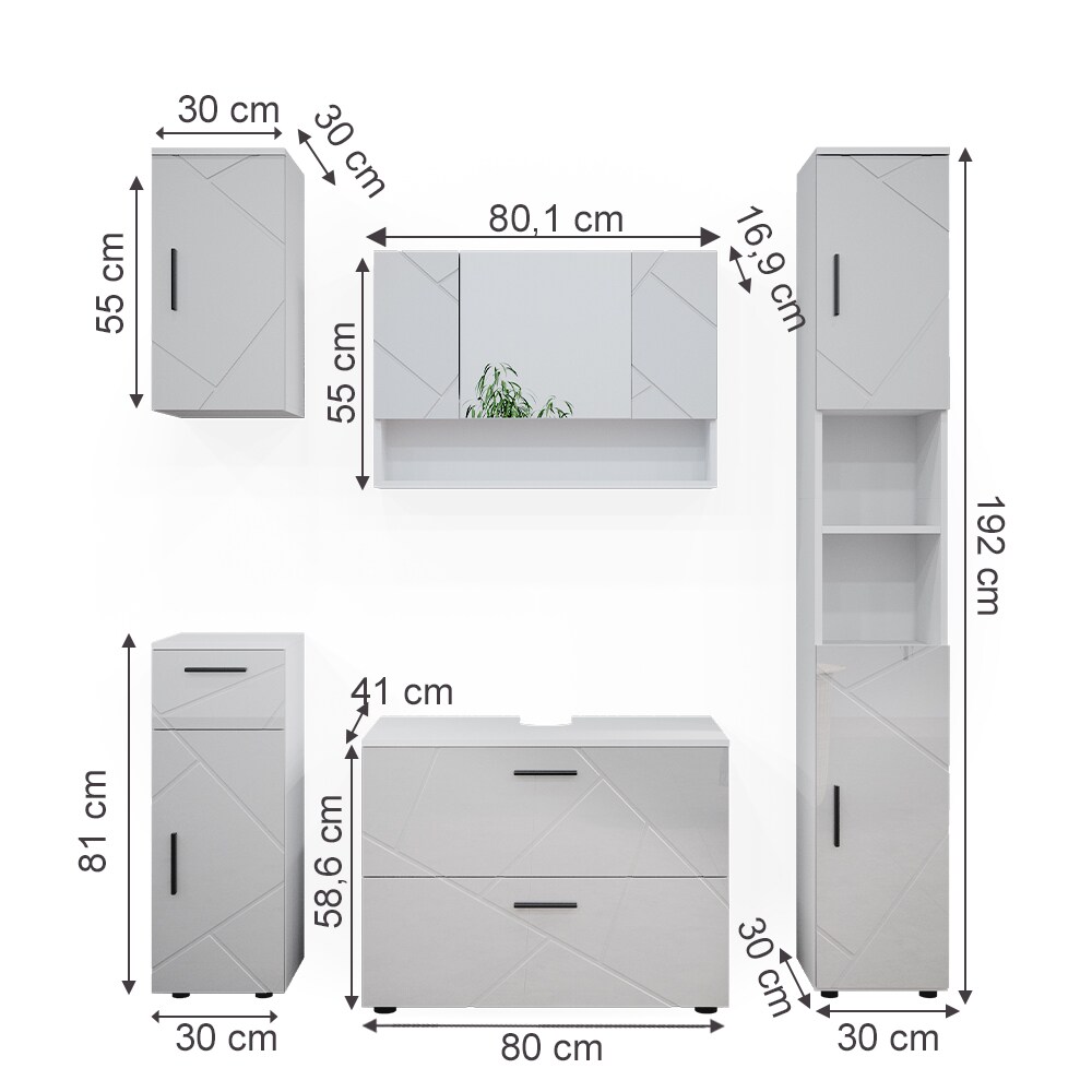 Vicco Badmöbelset Irma Weiß Hochglanz modern 80 cm 30 cm Badezimmerschrank Badschrank Badezimmermöbel Waschtischunterschrank Spiegelschrank Hochschrank Midischrank Hängeschrank Tür Schublade