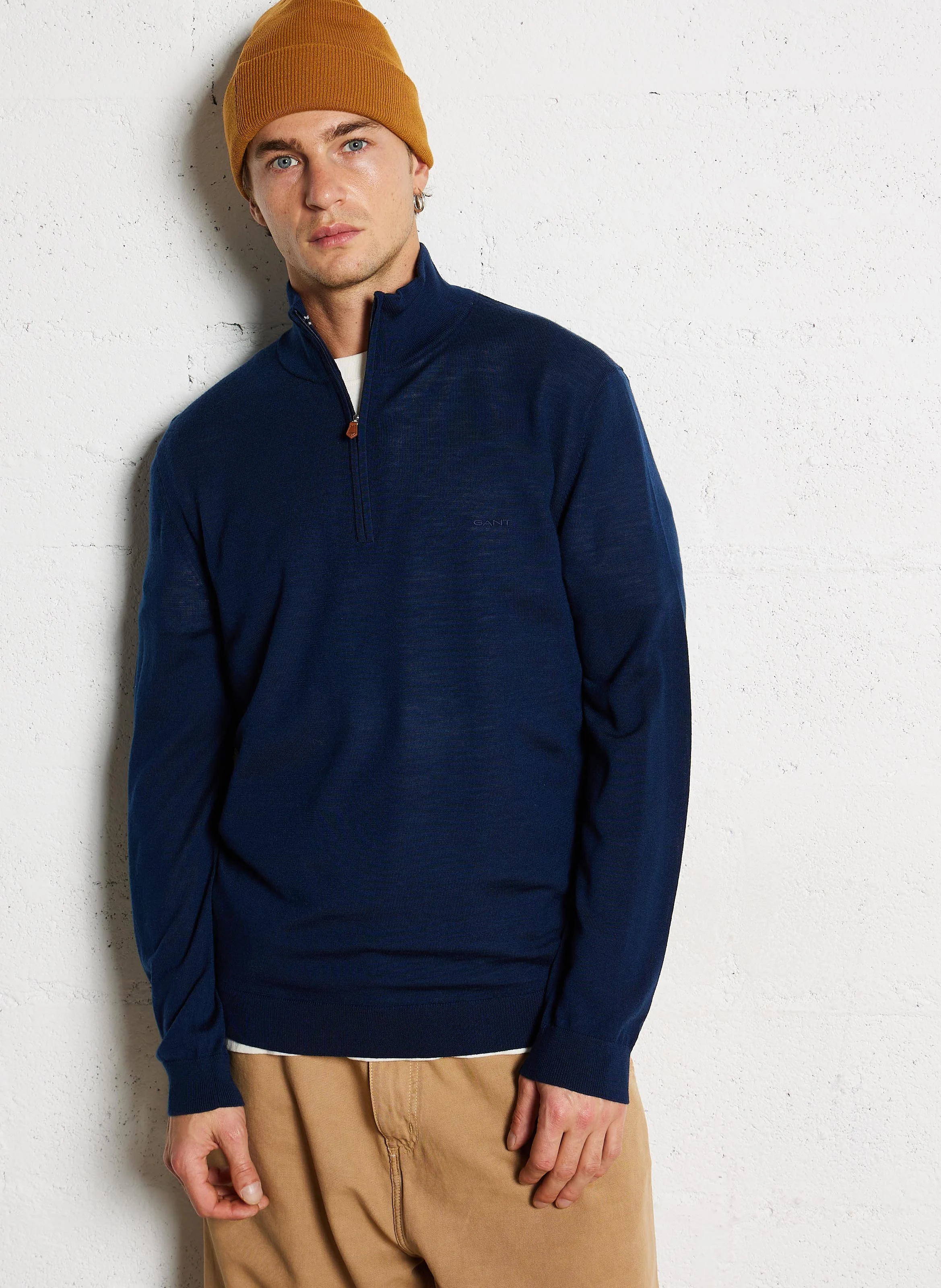 Pull col montant régular-fit en laine | Bleu