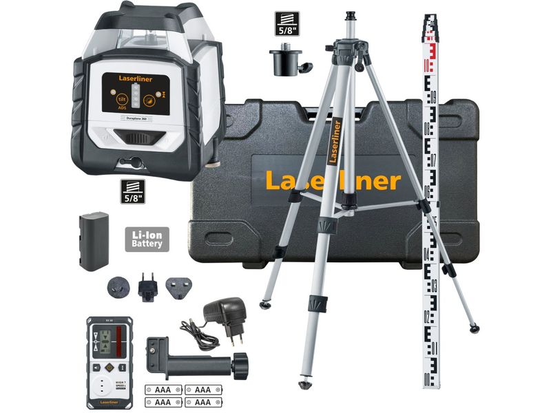 Laserliner Linienlaser Duraplane 360 Set 175 cm, Rot 20 m Roter, robuster, horizontaler 360°-Linienlaser mit Anti-Drift-System inklusive Kompaktstativ 175 cm, Teleskop-Nivellierlatte 3m und Laserempfänger