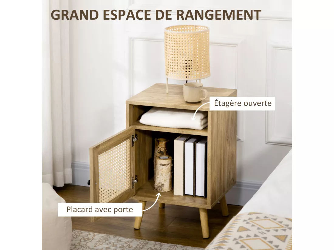 Chevet style bohème - table de nuit design - placard, niche - aspect bois manguier rotin