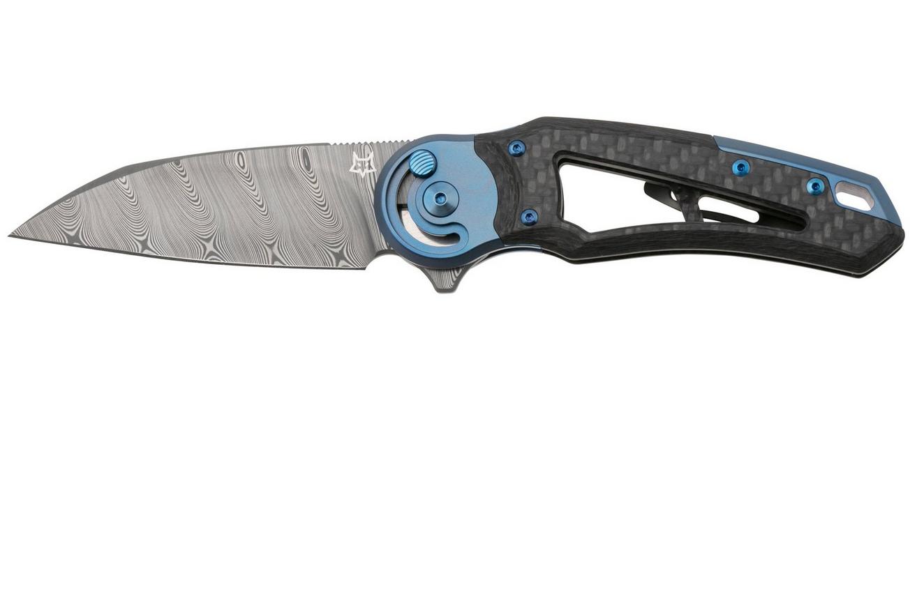 Fox Metamorphosis FX-556-B1 Damascus Wharncliffe, 3K Carbonfiber, Blue Titanium bolster zakmes