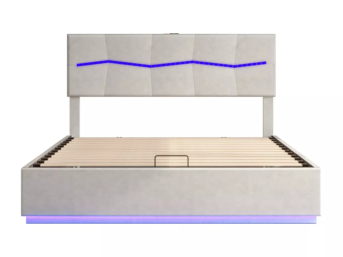 Lit coffre 160 x 200 cm avec éclairage LED et charge USB - hydraulique - Lit 2 Personnes - PU - Beige