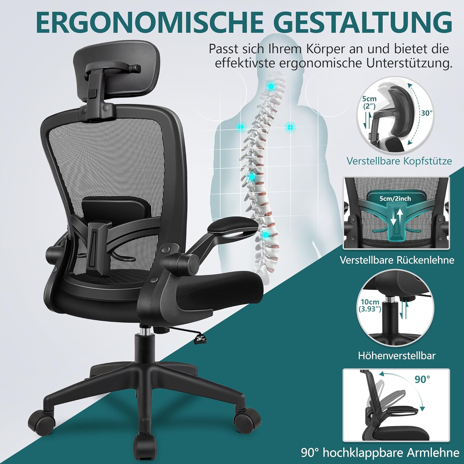 FelixKing Bürostuhl Ergonomischer schreibtischstuhl mit Verstellbarer Kopfstütze, Armlehnen, Lendenwirbelstütze, Hoher Rücken Office Chair, Schreibtischstuhl bis 300LB Belastbar(Schwarz)