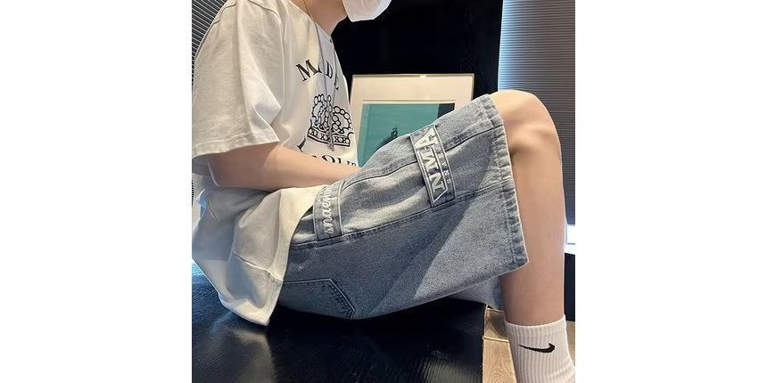 Wewewow - Mid Rise Lettering Denim Shorts