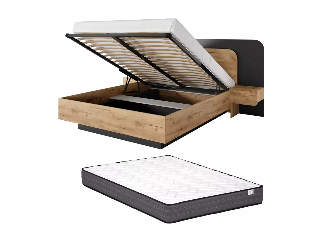 Lit coffre avec chevets 160 x 200 cm - Avec LEDs - Coloris : Naturel et anthracite + Matelas - DESADO