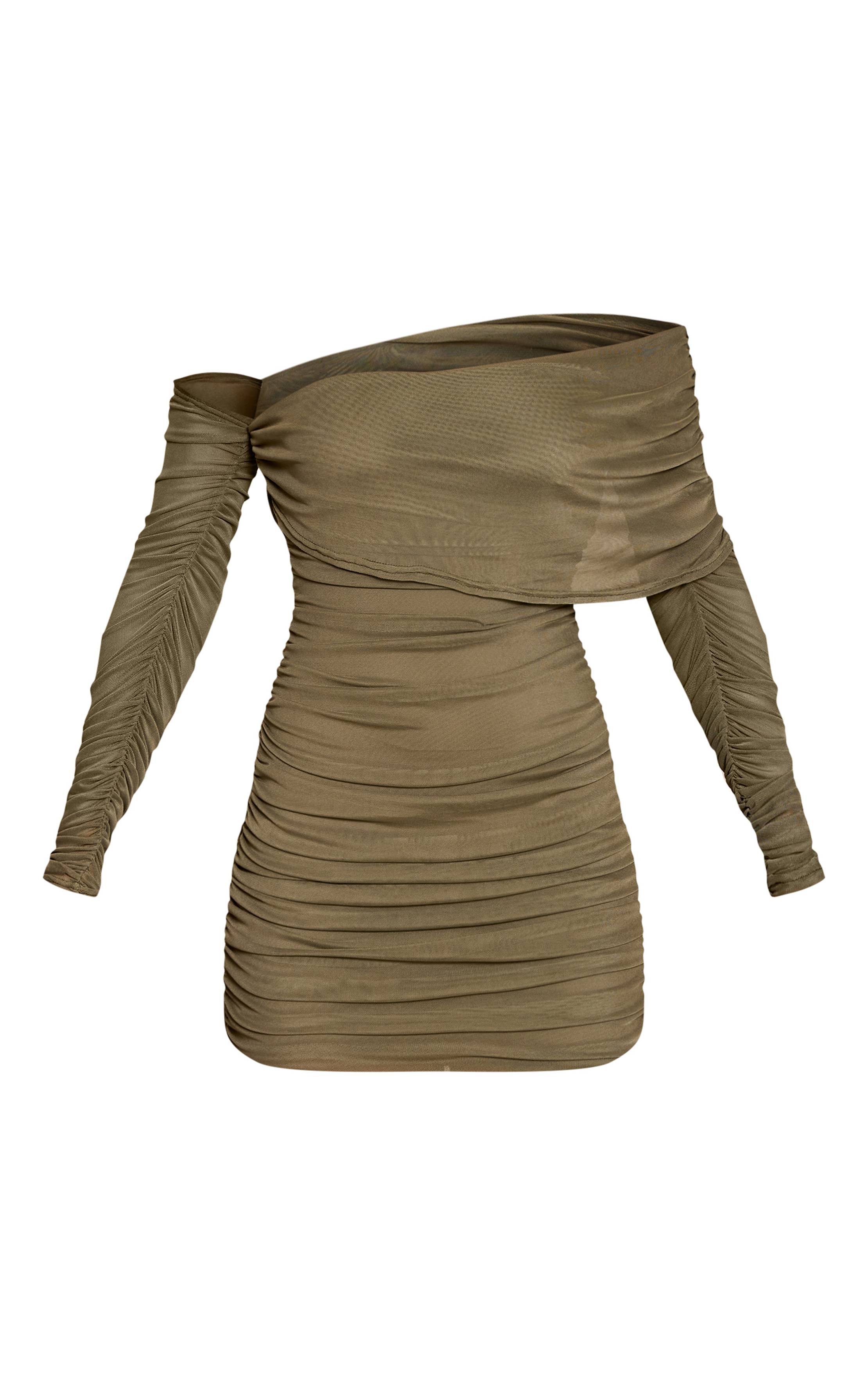 Kaki Robe Mini Asymétrique À Manches Longues En Mesh Superposé