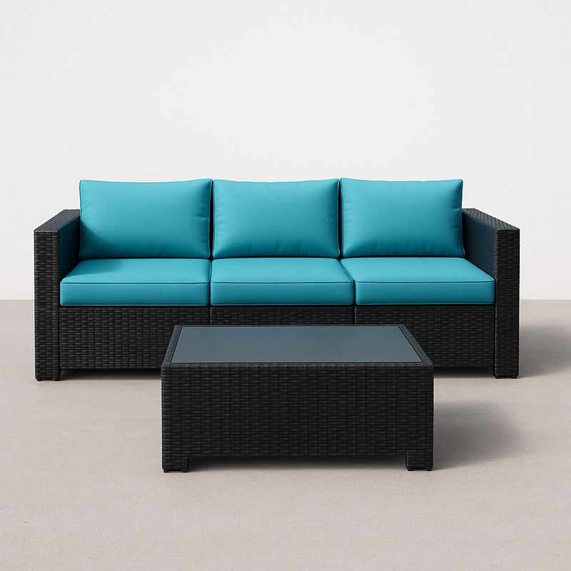 Rattan-Sofa-Set 3-Sitzer Schwarz Türkis Kissen Aluminium Tisch Glas