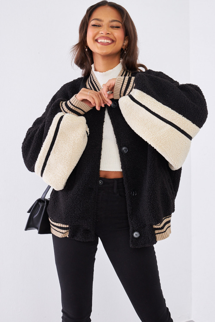 Bomber noir en peau de mouton bicolor
