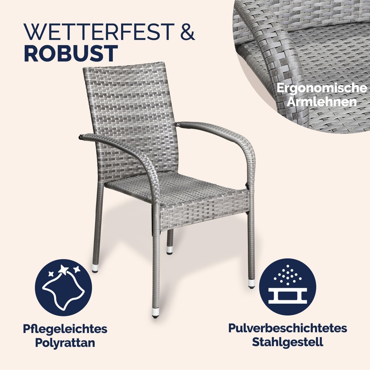 Casaria® Gartenstühle 4er Set Stapelbar Wetterfest Polyrattan Outdoor 160kg Garten Terrasse Balkon Stuhl mit Armlehne Gartensessel Stapelstühle Grau
