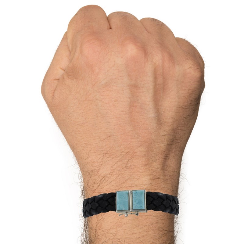 Bracelet Homme Tresse Cuir Noir et Deux Rectangles de Larimar - taille 19 cm