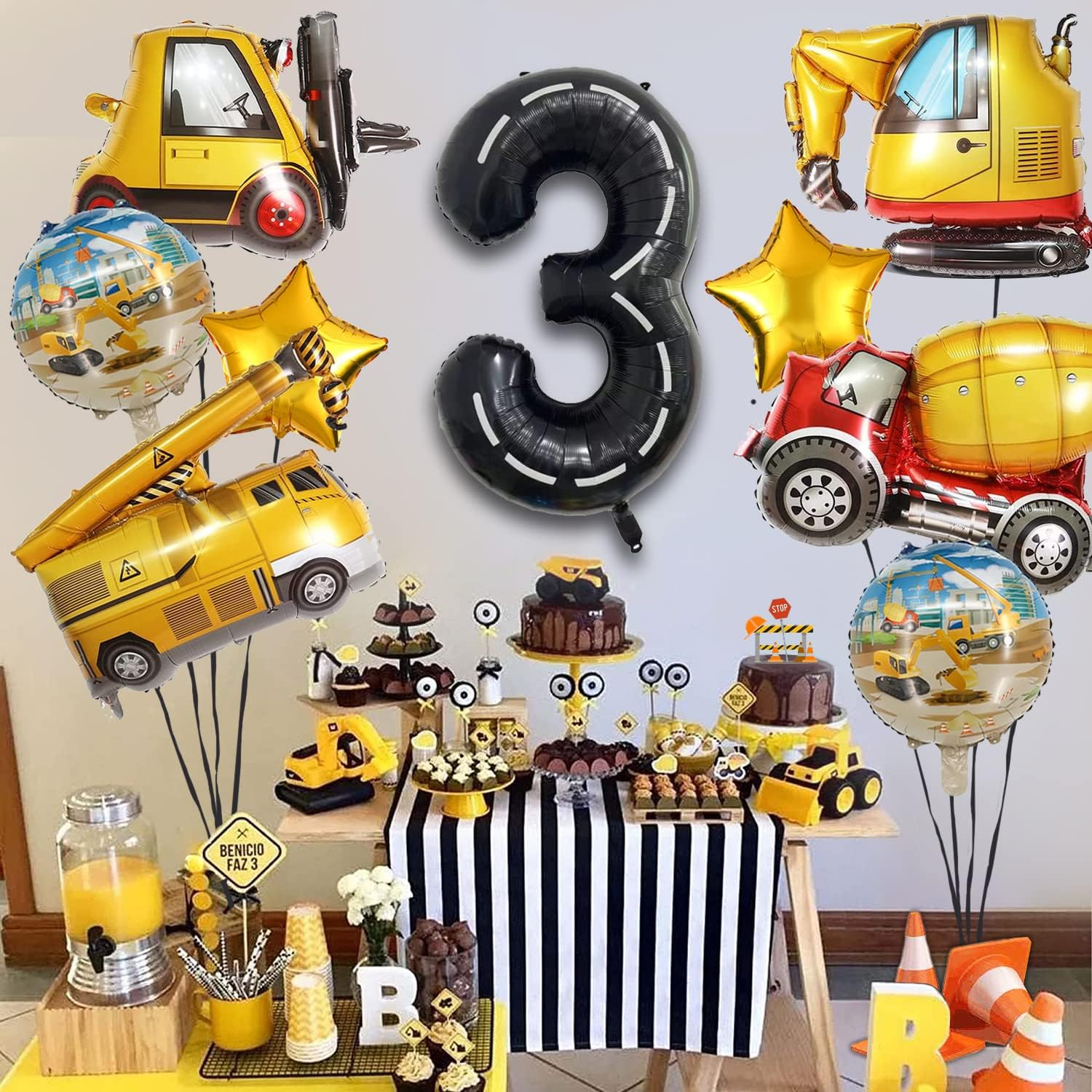 (9-tlg. Set) Zahlen Ballon Kinder Geburtstags Party Folienballon - Zahl 3 / Baustelle