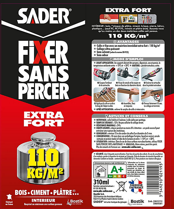 Mastic de Fixation Sader Fixer Sans Percer Extra Fort - Blanc - Cartouche 310ml