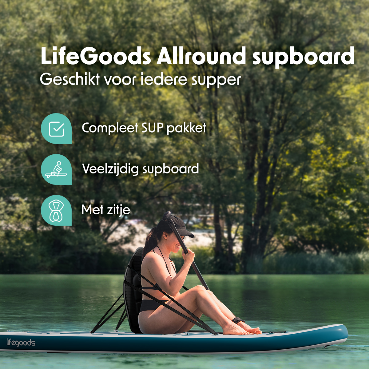 LifeGoods PaddlePro SUP Board met zitje - White/Deep Aqua