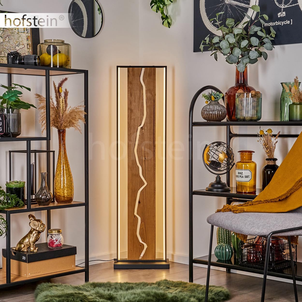 LED Stehleuchte Terre, Stehlampe aus Metall/Holz/Kunststoff in Schwarz/Naturfarben/Weiß, Retro/Vintage-Design mit Schirm aus Holz, Höhe 120, 18 Watt, 2300 Lumen, 3000 Kelvin