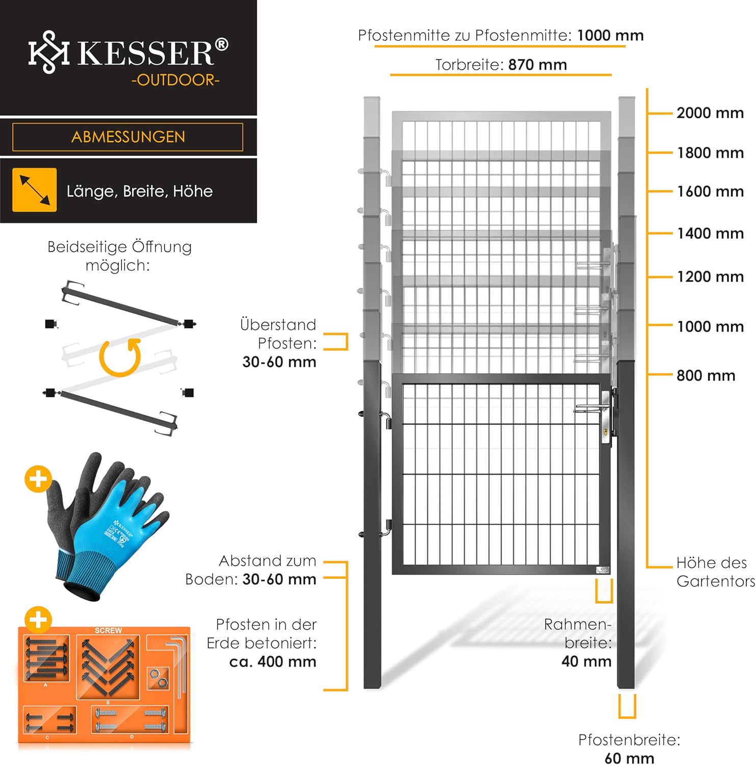 KESSER® Gartentor Premium Gartentür aus Metall verzinktem Stahl, Gartentür für Stabmattenzau Zauntor, Hoftor, inkl. Pfosten mit Schloss Türklinke und Schlüssel, 160 x 106cm Anthrazit