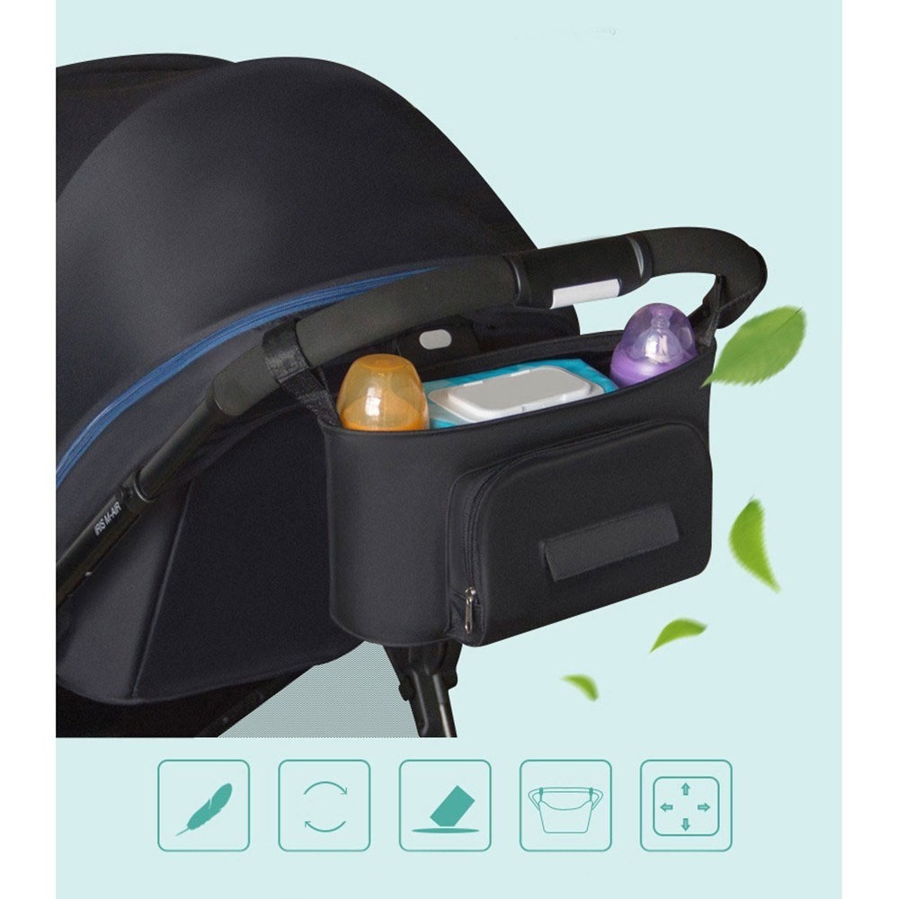 (34x19x13cm) Kinderwagen Organizer Tasche Wickeltasche Aufbewahrungsfächer für Windeln / Milchflasche / Kleidung / Taschentücher - Schwarz