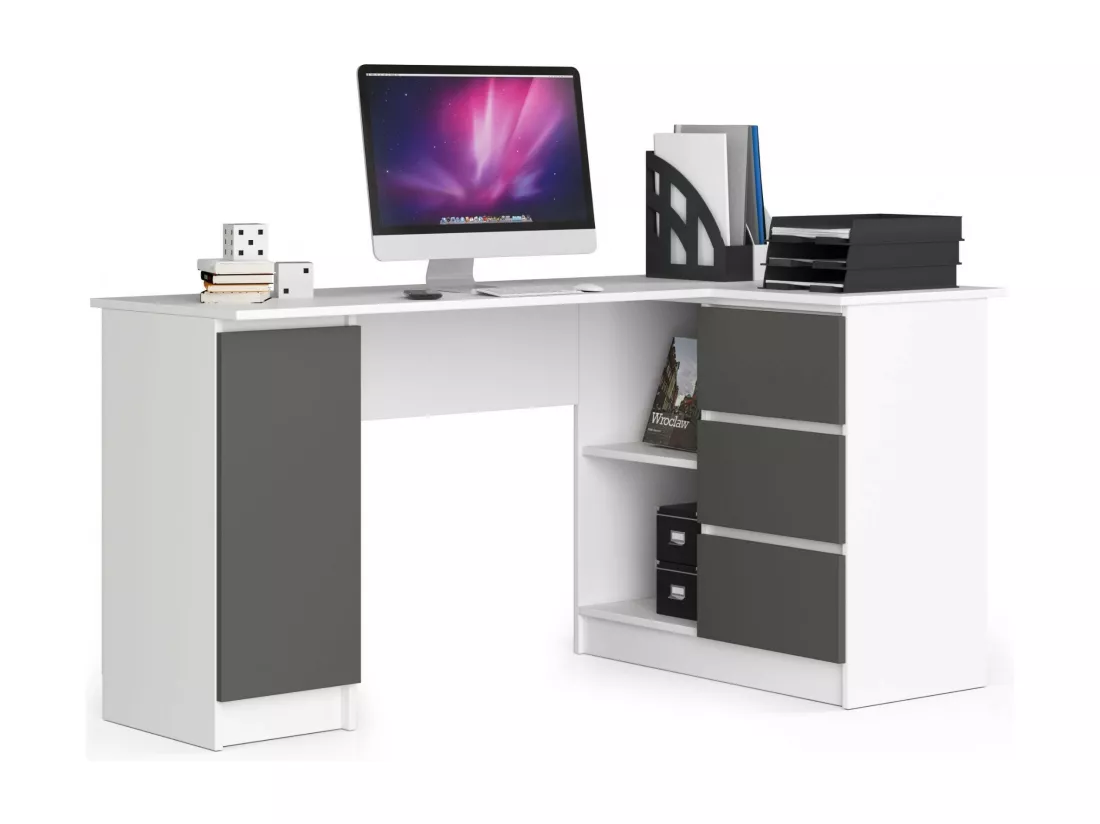 Grand bureau d'angle AKORD droit B20 Blanc 155 cm 1 porte 3 tiroirs façade Gris Graphite 4 étagères 155x85x77 cm
