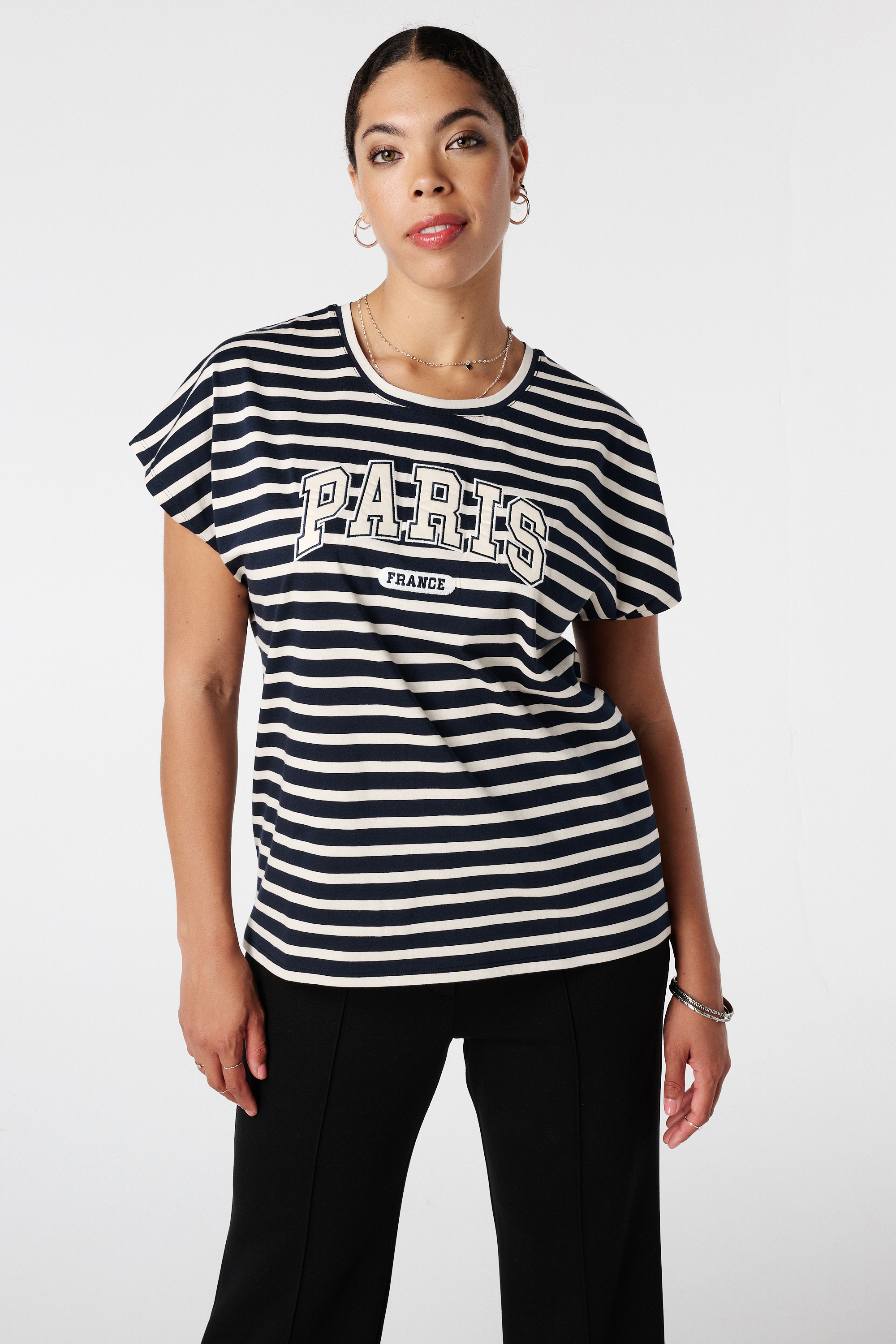 Gestreept t-shirt met opdruk Multi Navy blauw