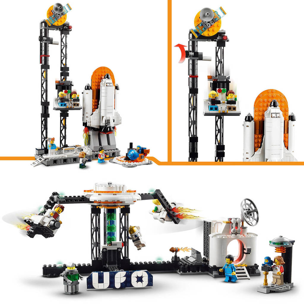 ruimte3-in-1 Ruimteachtbaan Ruimte Set met Rollercoaster, Vrijevaltoren en Draaimolen 31142