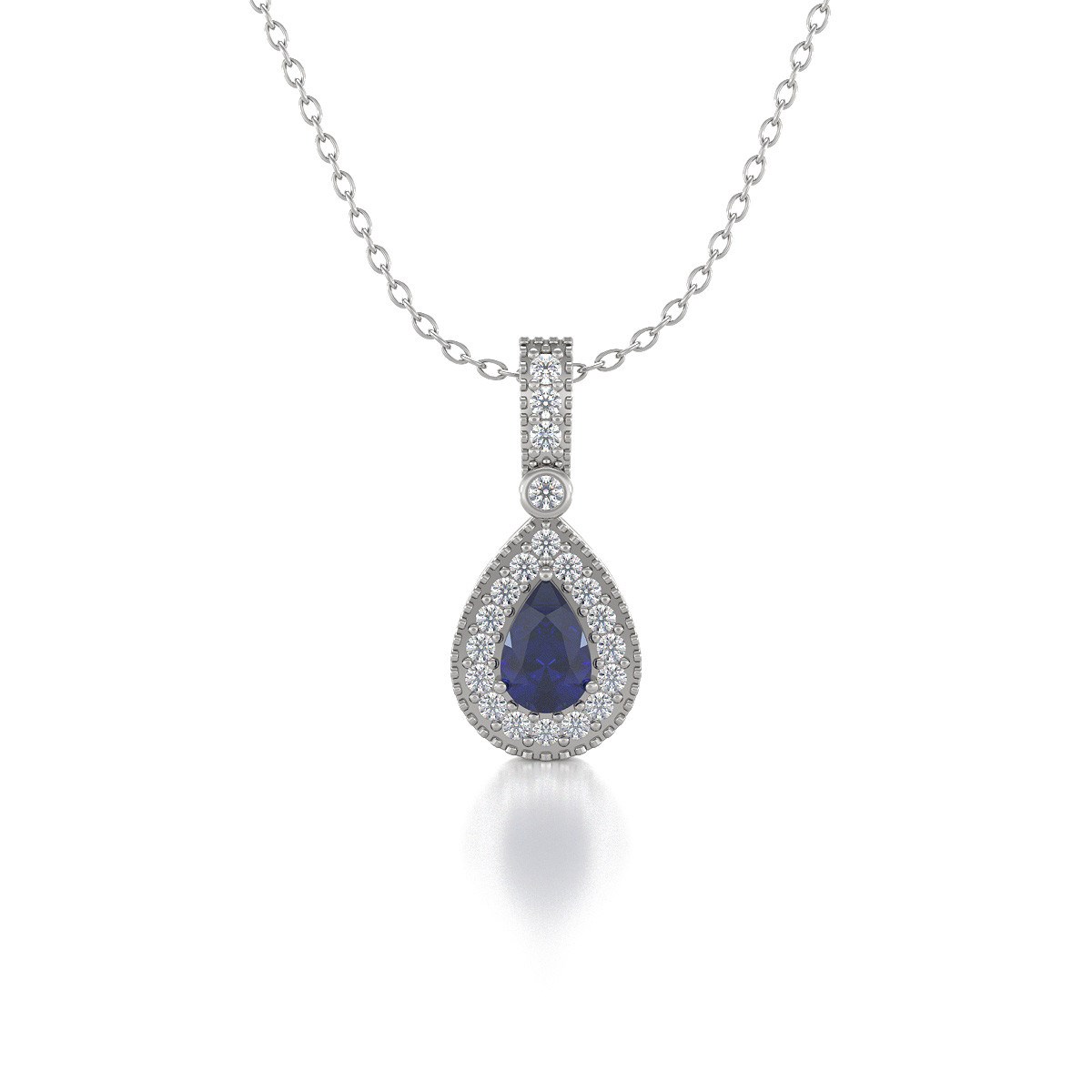 Collier Pendentif ADEN Or 585 Blanc Saphir et Diamants Chaine Or 585 incluse 1.55grs