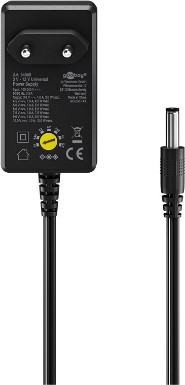 (12W) Universal Ladegerät Netzteil AC/DC 3-12V inkl. 11 Adaptersteckern (64568) - Schwarz