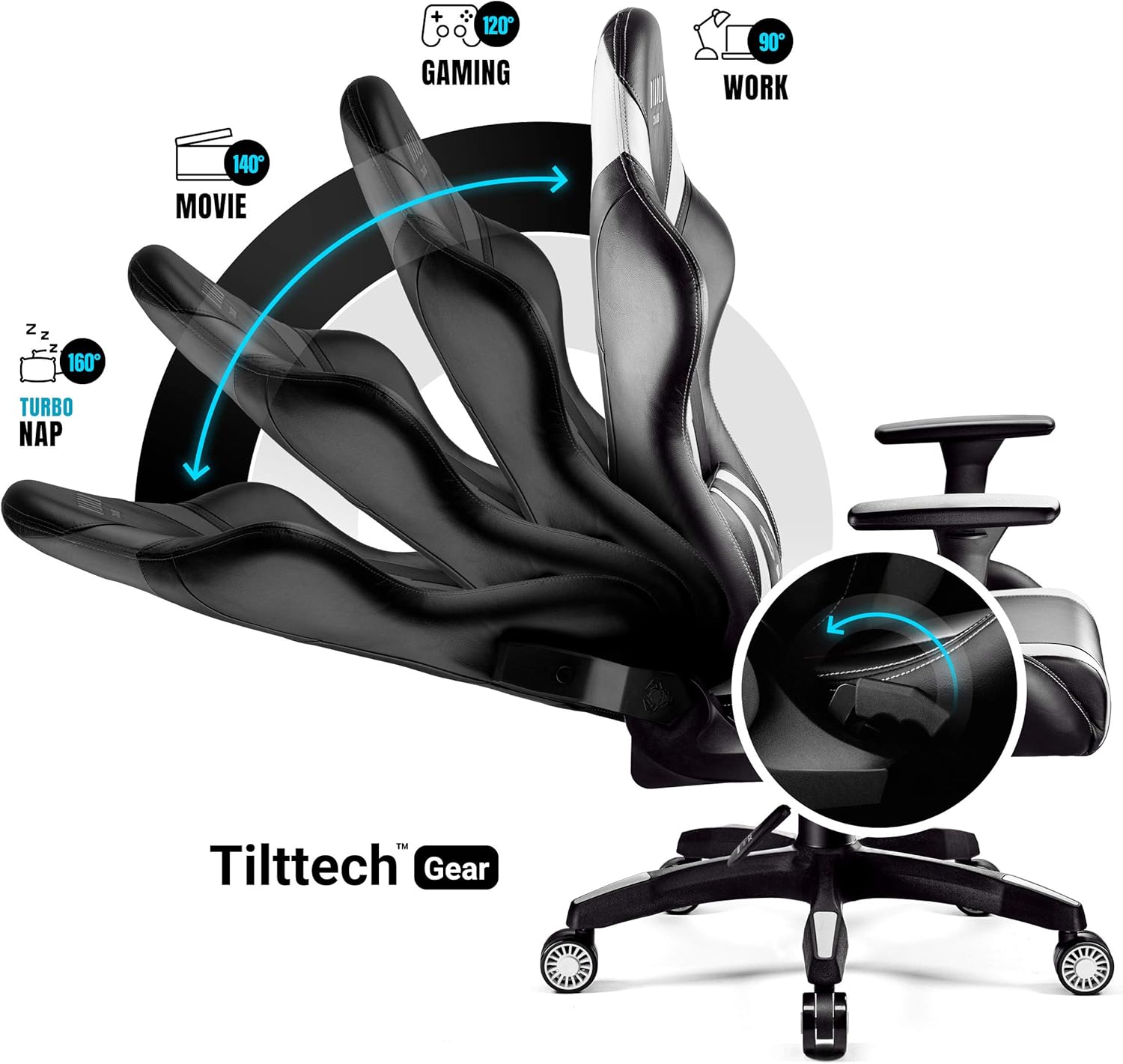 Diablo Gaming Stuhl X-Horn 2.0 Bürostuhl Gamer Chair Schreibtischstuhl 3D Armlehnen Ergonomisches Design Nacken/- Lendenkissen Kunstleder Wippfunktion Schwarz-Weiß Normal (L)