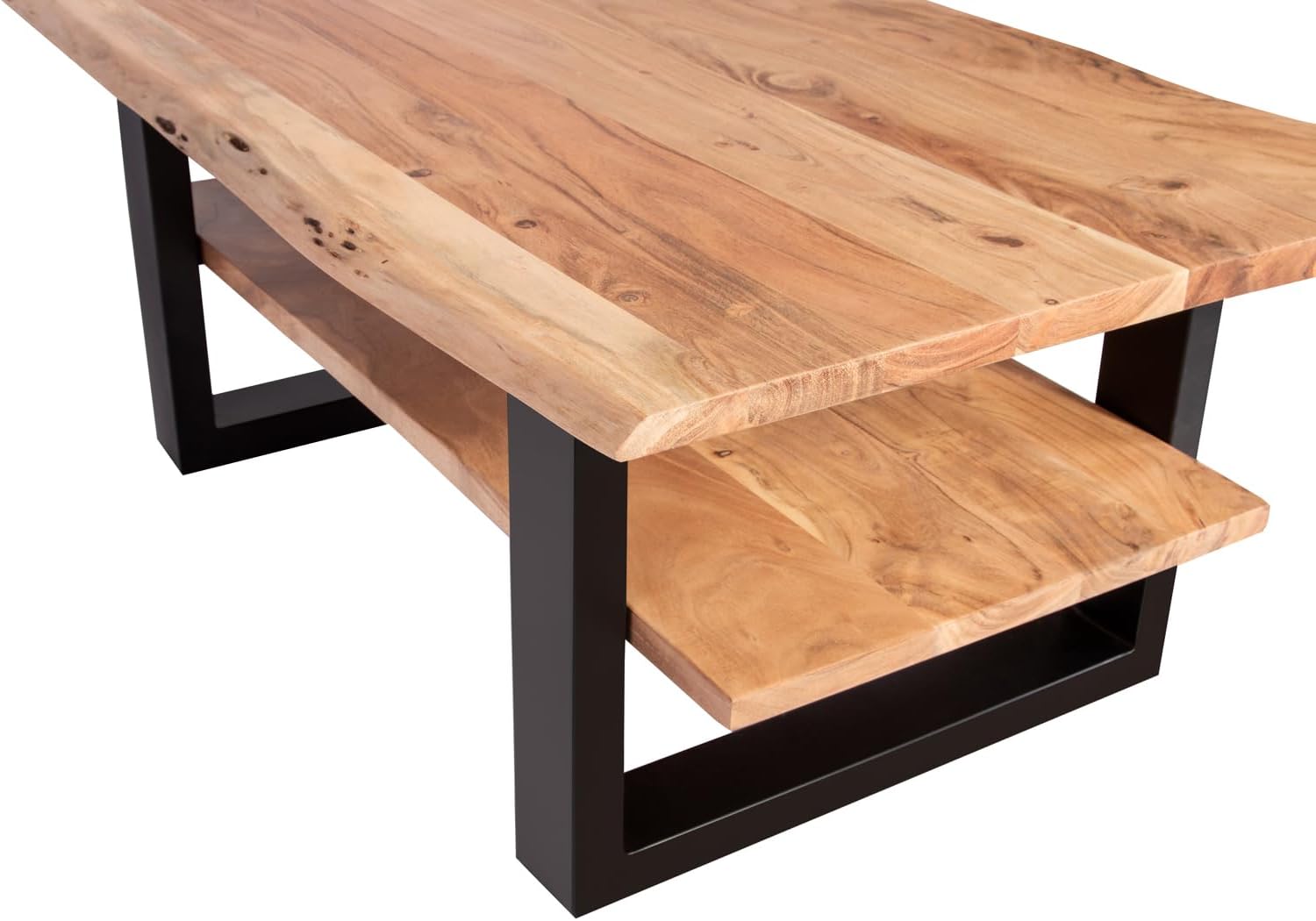 SAM Couchtisch 115x65 cm Patrick, Sofatisch mit Ablage, Akazienholz massiv + naturfarben + lackiert, Beistelltisch mit schwarzem U-Metallgestell, echte Baumkante