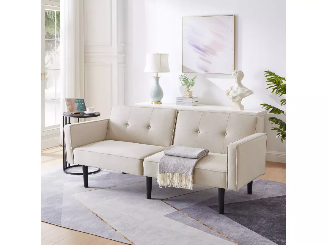 Canapé 2 places avec dossiers réglables - 176 x 76 x 74 cm - Tissu coton-lin et pièds en métal - Beige