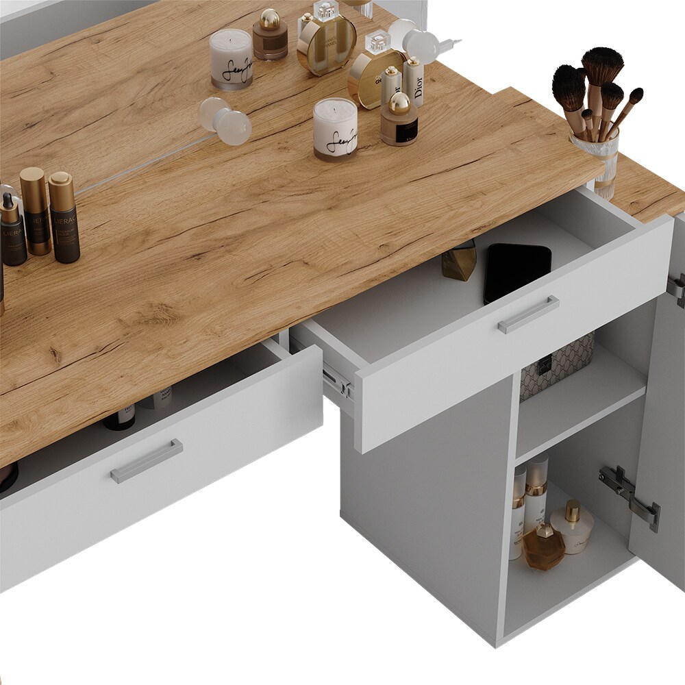 Vicco Schminktisch Regina Weiß Eiche 130 cm mit Spiegel und Beleuchtung