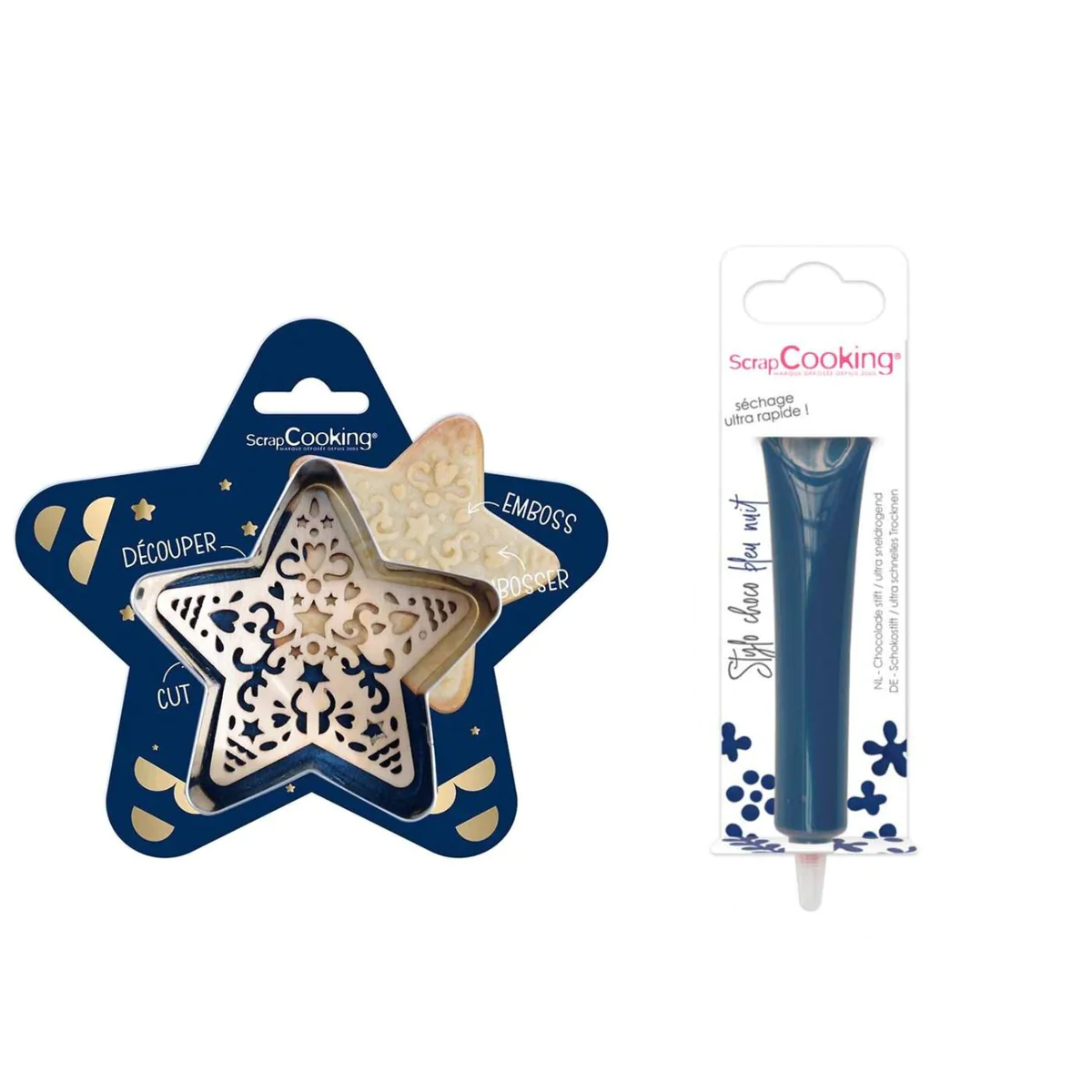Kit pour biscuit en relief Étoile + Stylo au chocolat bleu nuit Scrapc