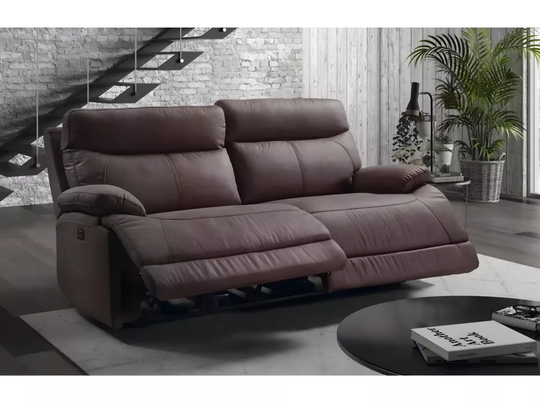 Canapé de relaxation électrique en microfibre Ducka-Couleur Marron-Système Electrique-3 places