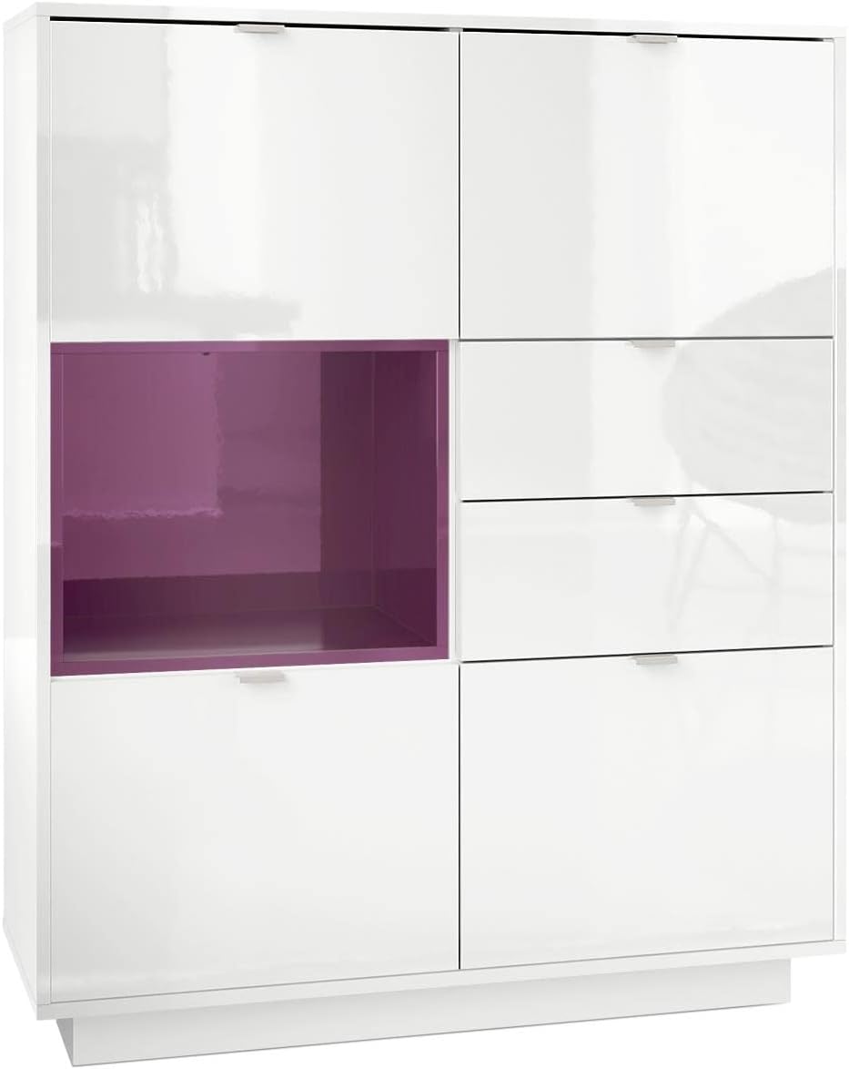 Vladon Highboard Sideboard Metro, Made in Germany, Korpus in Weiß Hochglanz/Fronten in Weiß Hochglanz mit Einsatz in Brombeer Hochglanz