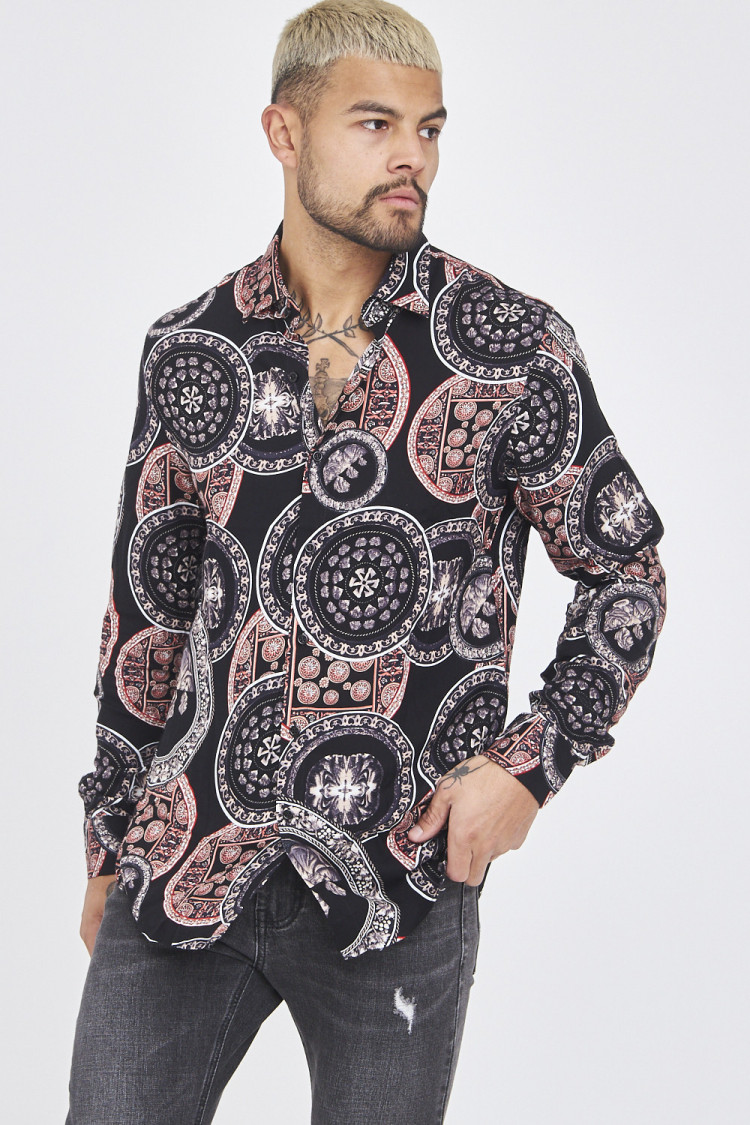Chemise noire à motifs grecs orange-violet-beige