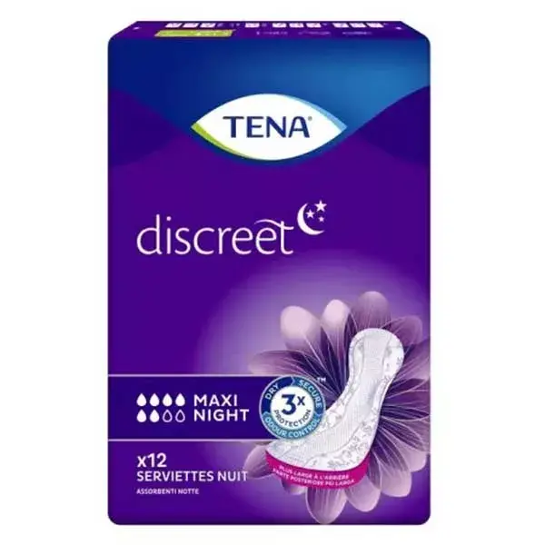 Absorventes higiênicos noturnos TENA Discreet Maxi, pacote com 12 unidades.