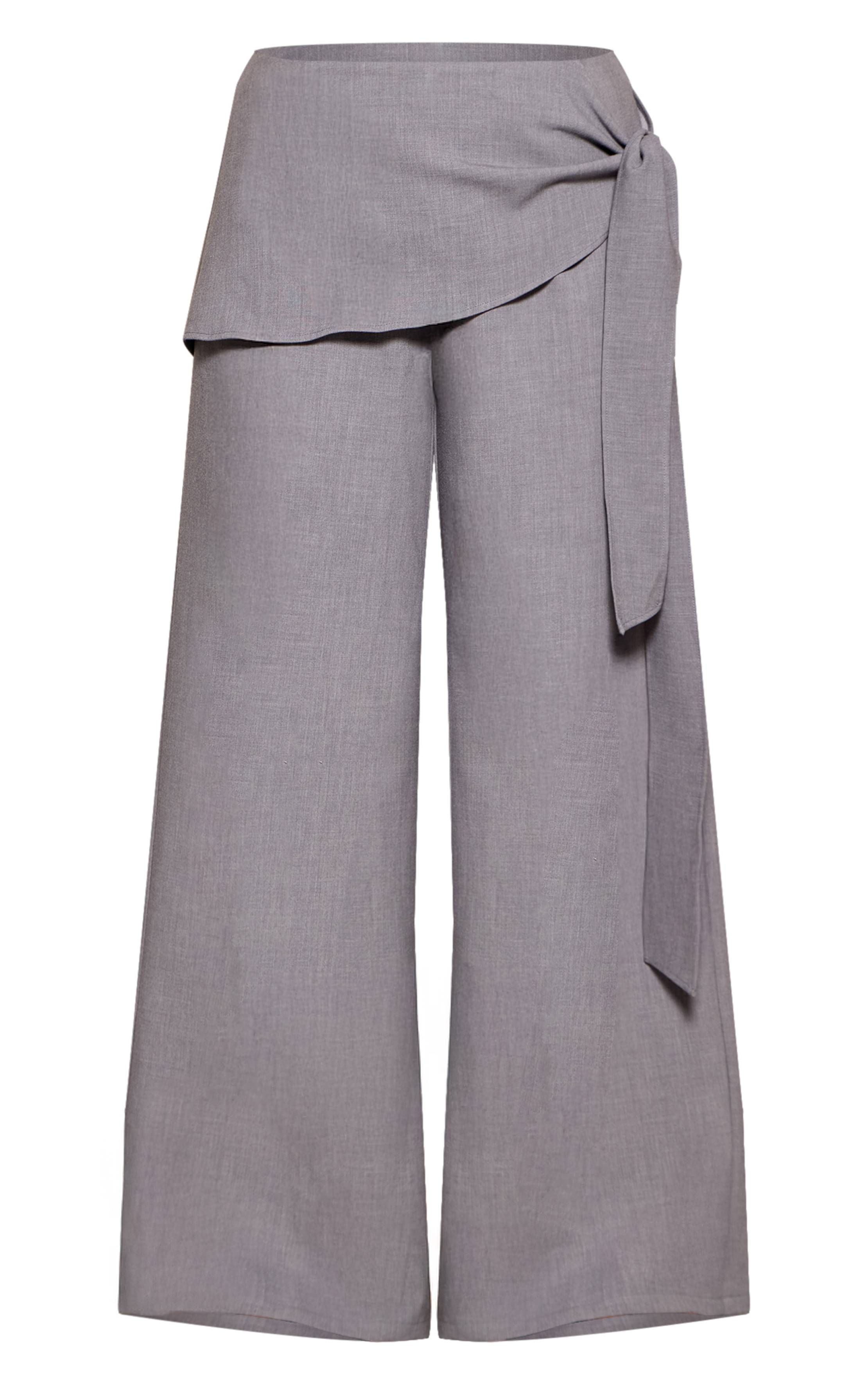 Gris Pantalon Large Taille Haute Ajusté Avec Ceinture Nouée
