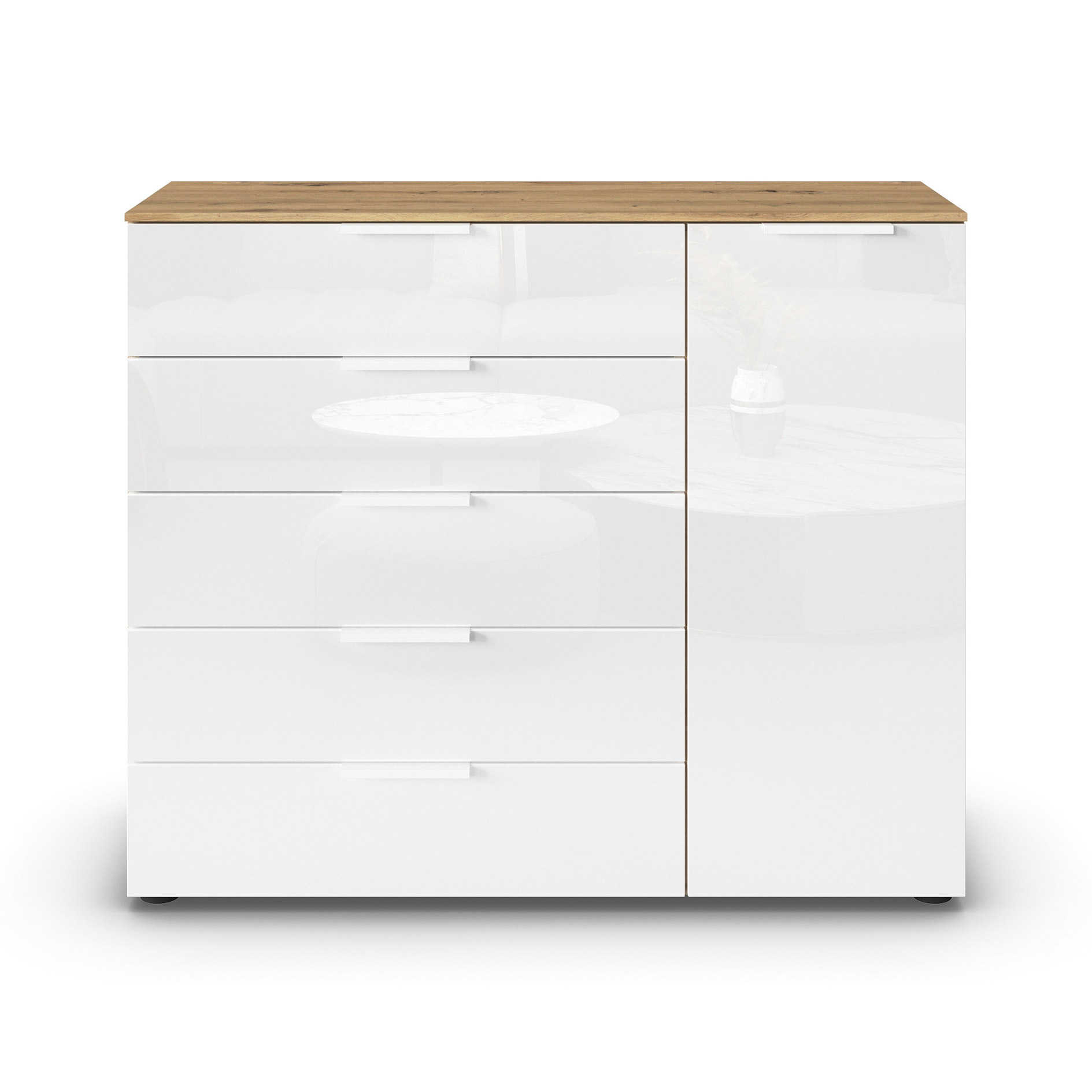 Kommode - Artisan Eiche-Kristallweißglas - weiße Griffe - 120 cm
