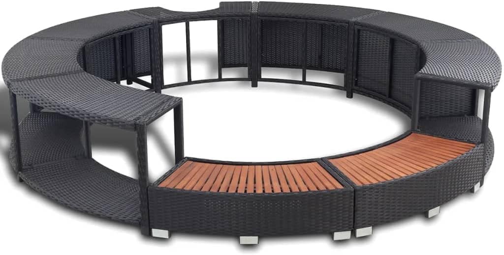 vidaXL Umrandung mit Stauraum für Whirlpool Spa Schwimmbecken Poolumrandung Poly Rattan Schwarz Hartholz Rund Pulverbeschichteter Stahl